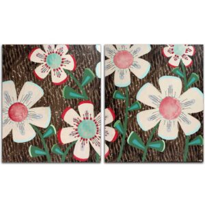 Two Paintings on Canvas, Folk Flowers in Earth Tones | Large