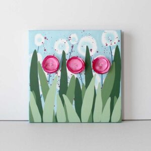 Spring Flower Painting on Canvas in Green, Pink | Small