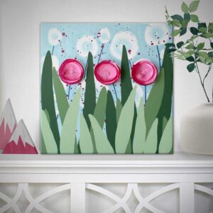 Spring Flower Painting on Canvas in Green, Pink | Small