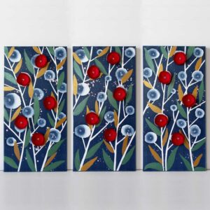 Floral Wall Art Painting, Triptych in Dark Blue, Red | 32×20