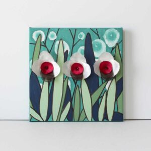 Fabric Orchid Painting on Canvas in Teal, Maroon | Small