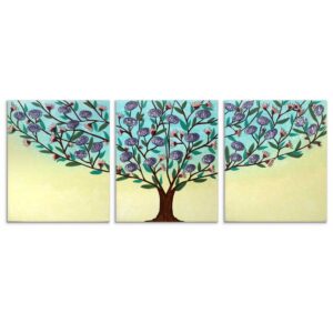 Storybook Floral Tree Painting Triptych, Aqua, Yellow | Extra Large