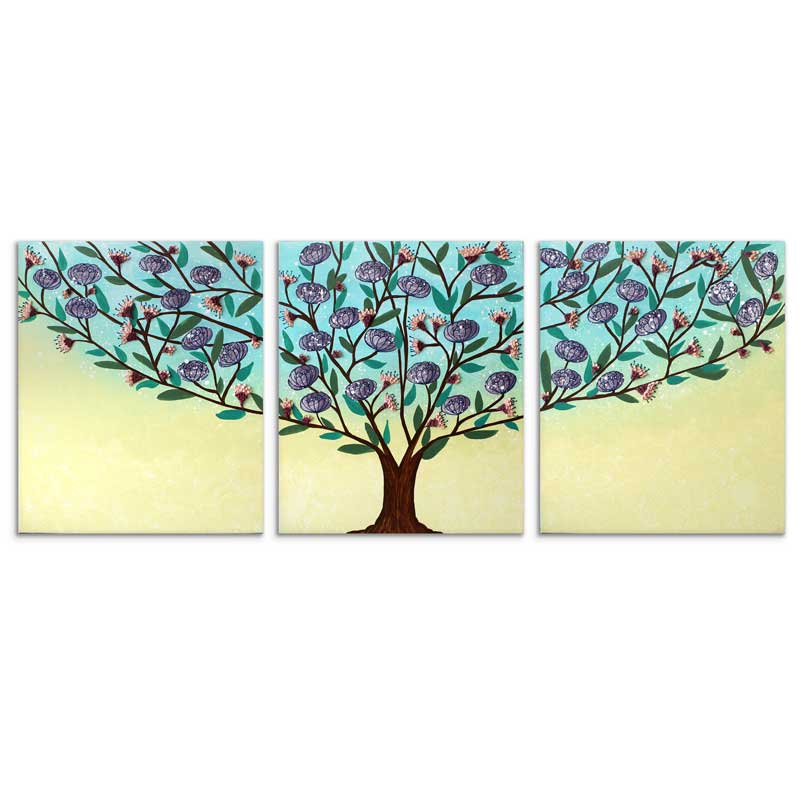 Storybook Floral Tree Painting Triptych, Aqua, Yellow | Extra Large