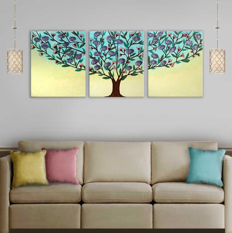 Storybook Floral Tree Painting Triptych, Aqua, Yellow | Extra Large - Image 5