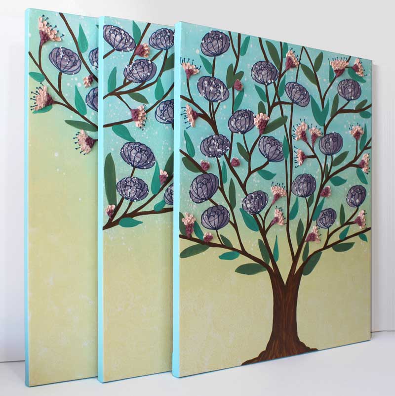 Storybook Floral Tree Painting Triptych, Aqua, Yellow | Extra Large - Image 4