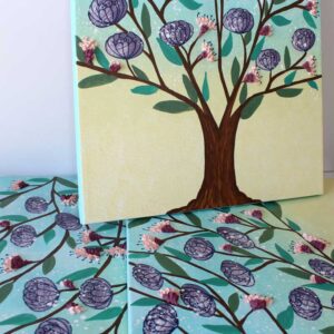 Storybook Floral Tree Painting Triptych, Aqua, Yellow | Extra Large