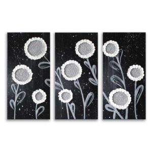 Sunflower Wall Art Painting, Triptych in Black, Silver | 32×20