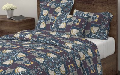 Art deco style duvet in plum, golden yellow, and blue