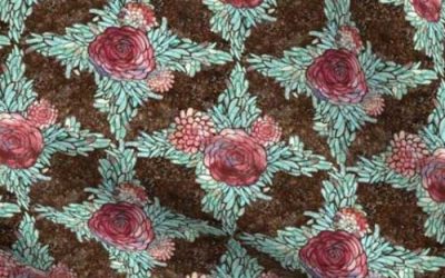 Boho style roses in teal lattice pattern on brown stone