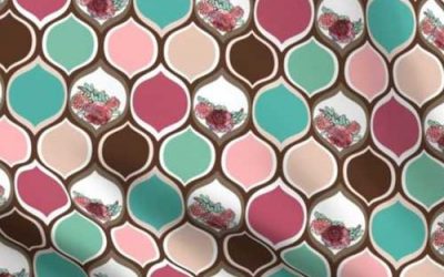 Ogee pattern with roses in teal and pink boho mod style