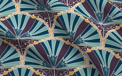 Plum, yellow, and teal art deco scallop trumpet flower fabric pattern