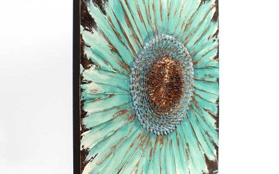 Side view of wall art painting of zinnia flower in teal and copper